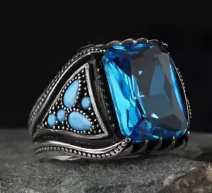 925 Sterling Silver Men's Ring Turkish Handmade Natural Stone Blue Zircon Stone - Picture 1 of 2