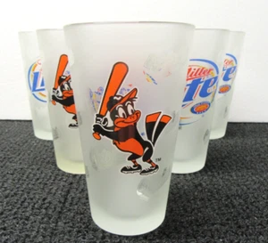 Baltimore Orioles Miller Lite Set/6 Frosted Heavy Pint Glasses See Pics!! - Imagen 1 de 10
