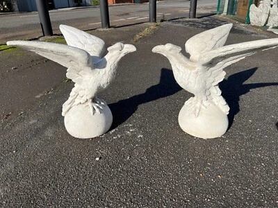 Stone Eagle pair deco Figures semi sphere gate piers white Eagle finial toppers - Image 1 of 4