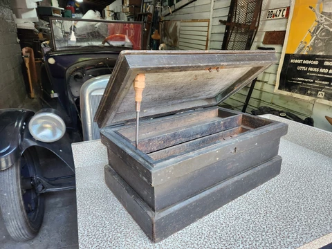 SMALL Antique Carpenter's Tool Chest Jewelry Box Primitive diminutive Cover