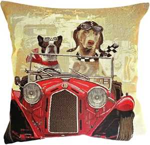  ANTHROPOMORPHIC RED CAR DOG RACERS 18" BELGIAN TAPESTRY CUSHION COVER ZIP 5153 - Picture 1 of 6