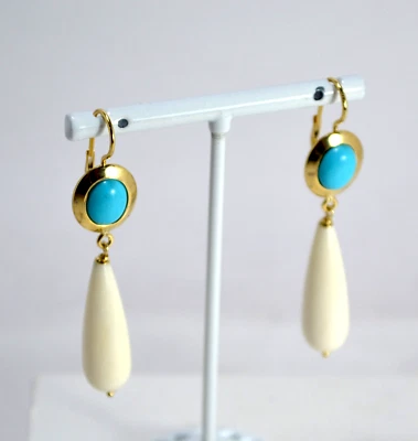 ORECCHINI  ARGENTO 925 DORATO TURCHESE NATURALE CABOCHON  PENDOLI OSSO AGHT 0903 - Immagine 1 di 3