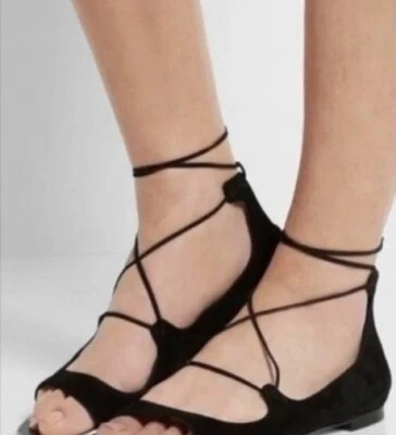 B5 Auth JIMMY CHOO Vernie Black Suede Lace Up Ballet Flat Shoes Size 37.5 $775 - Image 1 of 4