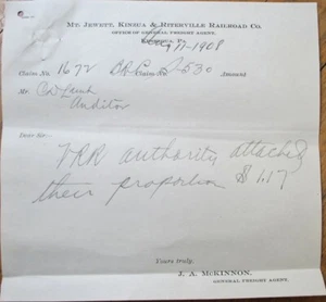 Mt. Jewett, Kinzua, Riterville Railroad 1908 Dokumentenbriefkopf, Kushequa, PA - Bild 1 von 1