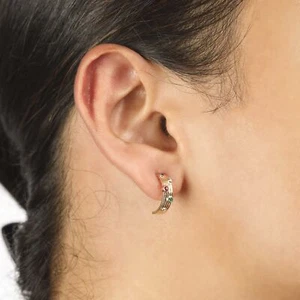 14K Gold VS/F-G Diamond Ruby Emerald Blue Sapphire Gemstone Half Hoop Earrings - Picture 1 of 10