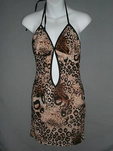 Brown Animal Print Halter Dress-Body Hugging-Front Cutout-Mini-JF Apparel - Picture 1 of 8