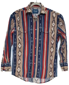 Wrangler Shirt Mens Medium Blue Red Tan Western Pearl Snap Aztec Long Sleeve - Picture 1 of 7