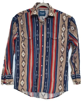Wrangler Shirt Mens Medium Blue Red Tan Western Pearl Snap Aztec Long Sleeve - Image 1 of 4
