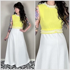 Vintage 1960s Yellow and White Sleeveless A-line Maxi Prom Dress | 28"-30" Waist - Picture 1 of 7