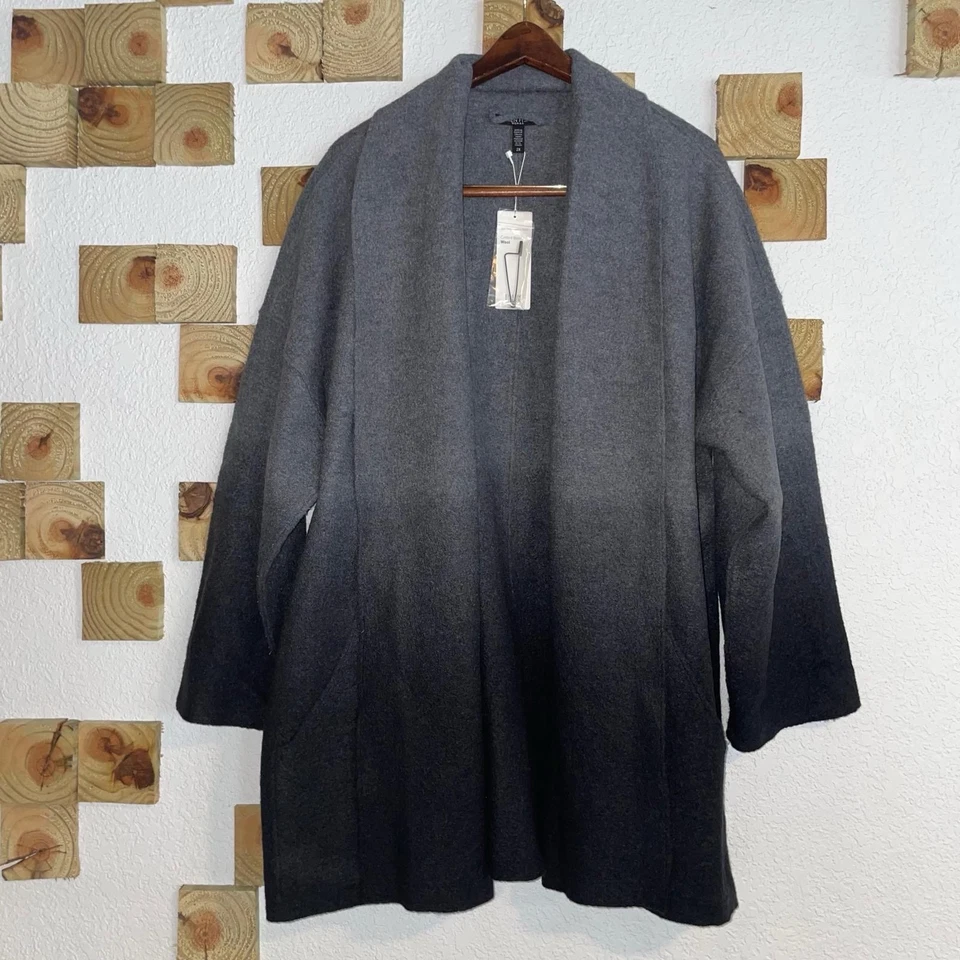 NUEVO CON ETIQUETAS $428 EILEEN FISHER Gris Ceniza Lana Hervida Kimono Chaqueta Abrigo Midi Talla 2X Foto 1 de 4