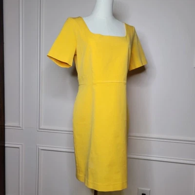 Ann Taylor Sheath Dress Sz 12 Yellow Lined Short Sleeve Cotton Blend Square Neck - Изображение 1 из 4