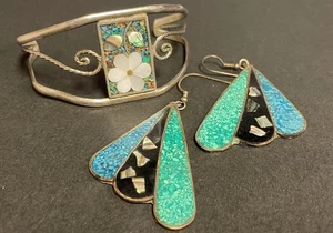 Vintage Alpaca Messico intarsiato abalone collana orecchini e bracciale set sterling - Foto 1 di 10