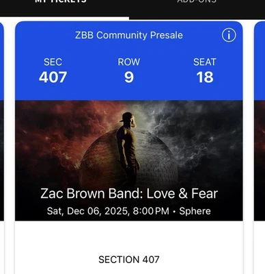 2 Zac Brown Band Tickets At The Sphere sec 407 Row 9 Seats 18-19 - Image 1 of 2
