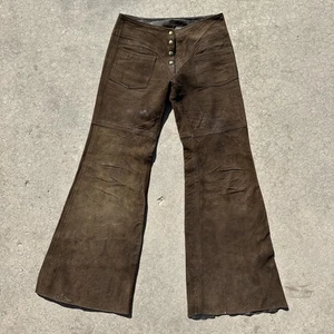 Pantalones de cuero gamuza vintage para mujer 28 campana parte inferior retazos tiro bajo años 70 boho - Imagen 1 de 17
