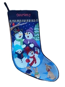 Needlepoint Weihnachtsstrumpf Lands End "Courtney" Carolling Schneemänner blau 18 Zoll - Bild 1 von 11