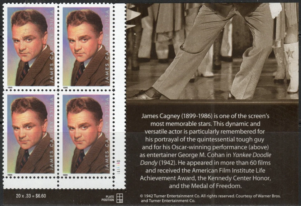 US Scott #3329 "James Cagney", Plate Block of 4, from LR with selvage, MNH - Image 1 of 1