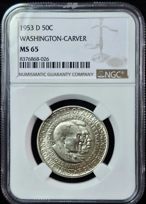 1953-D Washington- Carver Silver Half Dollar- NGC Graded MS 65 Lustrous Specimen - Image 1 of 4