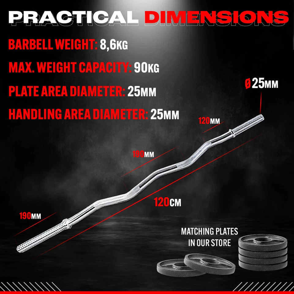 WUUHOO Curl Stange 25mm verchromt 60kg SZ Hantelstange 120cm 4,6kg Gewicht Griff 25mm