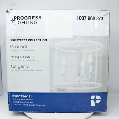 Somstreet 13,75 in. Colgante de jaula blanca de cabaña de 3 luces con acento de roble blanqueado Foto 1 de 3