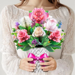 Flower Bouquet Pop up Cards, Pink & White Roses, Valentine'S Day Cards, Thinking - Picture 1 of 12