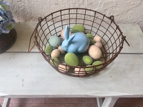 Blue Ceramic Bunny Rabbit Egg Easter Wire Egg Basket Farmhouse Centerpiece Decor Cover