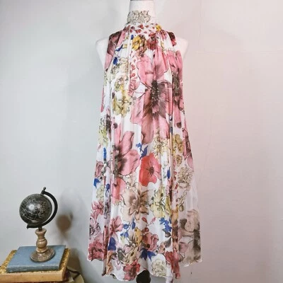Reiss Mini Dress Kady Floral Chiffon Tie Neck Trapeze Romantic Size 2 Flowy - Image 1 of 4