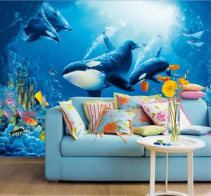 Blue Wallpaper for kids bedroom Ocean Life 151x102 inch Killer Whale fish sea - Picture 1 of 6