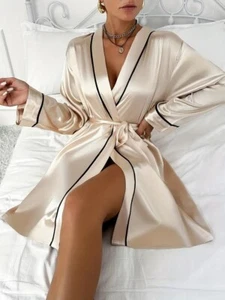 Champagne Ivory Cream Satin Sleeved Night Robe Gown Sexy Ladies Lingerie C60 - Picture 1 of 8