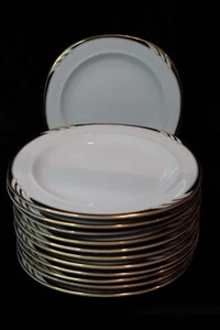 MIKASA OMEGA L2058 WHITE WITH BLACK & GOLD SWIRL ON RIM 12 SALAD PLATES 8" WIDE - Picture 1 of 6