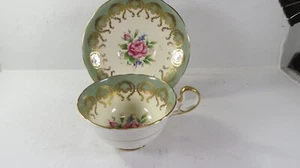 Aynsley Pink Rose Sage Green Bone China Cup And Saucer Made England Rare Mint - Picture 1 of 6