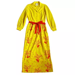 VESTED GENTRESS Maxi Abito Gatti Autunno Stampa Alberi Cintura Giallo Vintage Taglia 10 - Foto 1 di 9