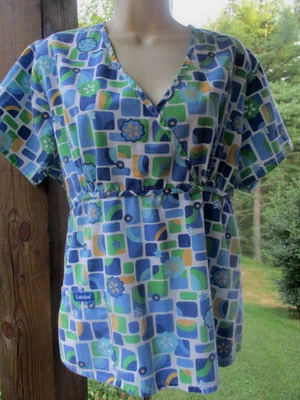 Landau Brand Scrub Top Size S-  Blues,Greens,Yellow,Squares Patterns  - Image 1 of 4