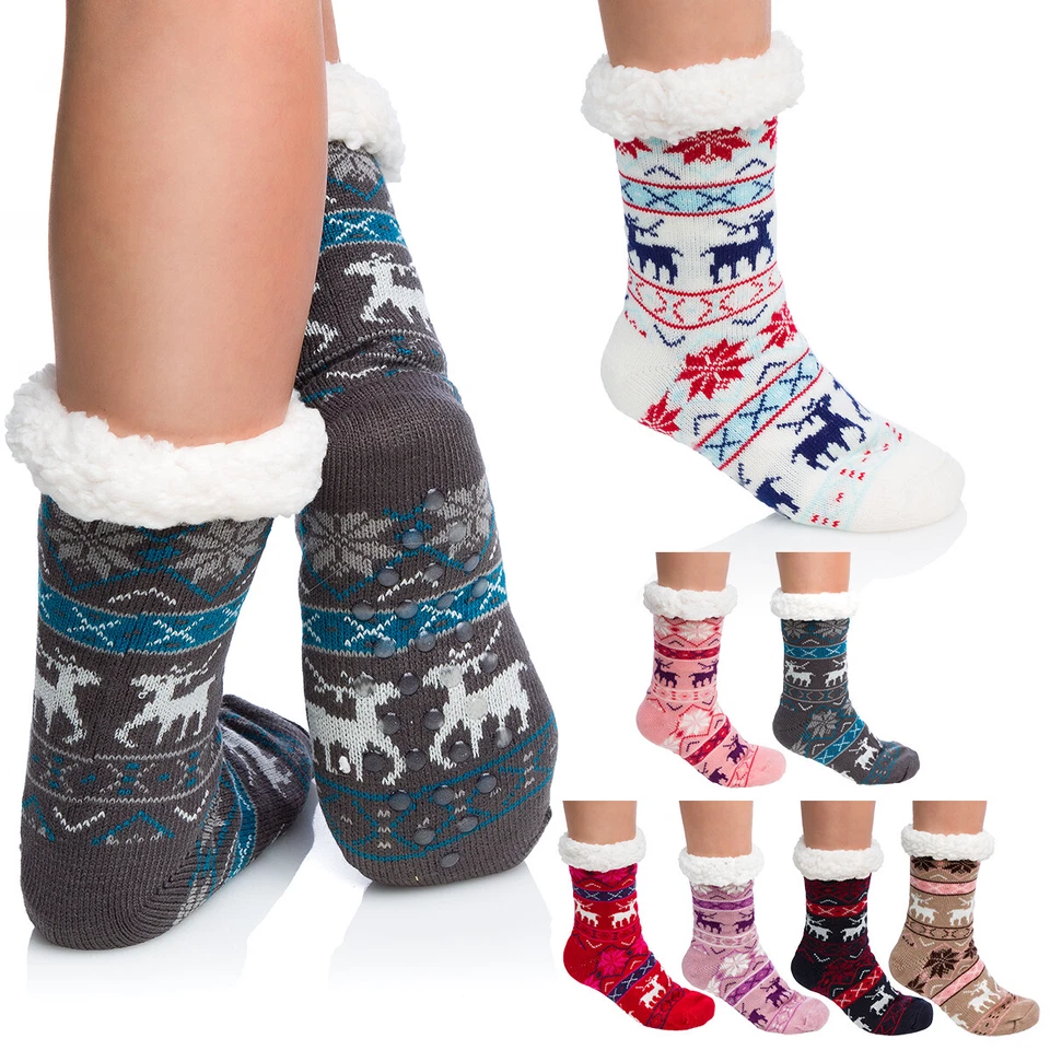 FUTURO FASHION Womens Christmas Fur Lined Socks Nordic Warm Thick Fabric Slip-On Slippers DN