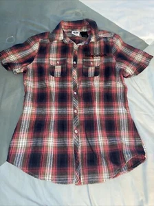 Harley Davidson Women’s Plaid Pearl Snap Embroidered Short Sleeve Size XS - Picture 1 of 5