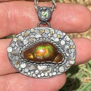 244 Ct Tw Natural Arizona Fire Agate Tsavorite Garnet Sterling Pendant Necklace - Picture 1 of 11