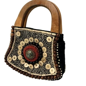 Vtg Handmade India TIBETAN Hand Bag BEADED Embellished Purse Wood Handle Satchel - Picture 1 of 14