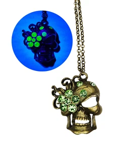 Green Uranium Glass on Bronze Skull Pendant, Glowing UV Punk Necklace, Oddity - Picture 1 of 21