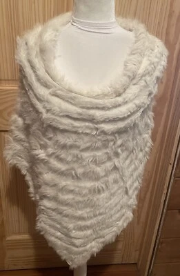 Cejon Rabbit Fur Poncho OS White Striped Knit Shawl ~ Beautiful - Image 1 of 4
