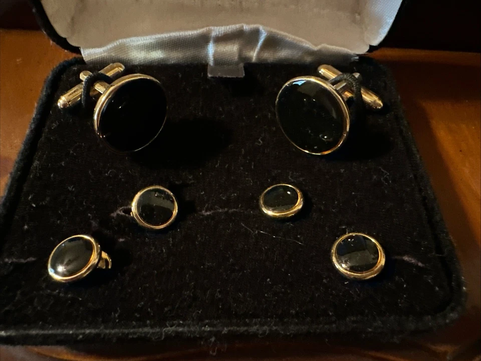 Black And Gold Vintage Edwardian Cuff Links And Buttons. Gold Hardware - Image 1 of 2
