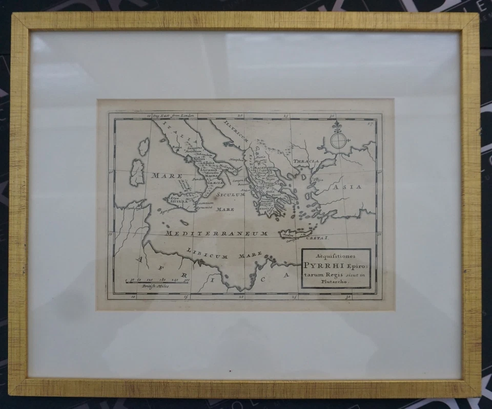 1700s Map Pyrrhus of Epirus Greece Italy Sicily – Framed Antique Engraving - Image 1 of 1