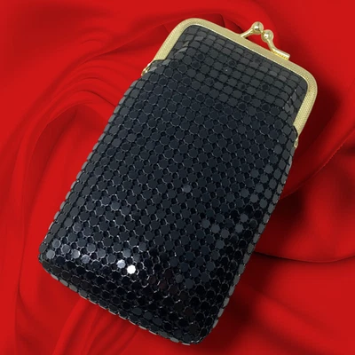 Vintage Black Metal Mesh Cigarette Glasses Case Coin Purse Kisslock Gold Frame - Image 1 of 4