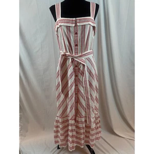 Maxi Dress Red White Stripe Button Front Belted Square Neck Sundress Midi - Picture 1 of 16