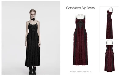 Punk Rave Women Black Red Gothic Punk  Embroidered Velvet Slip Long Party Dress - Image 1 of 4