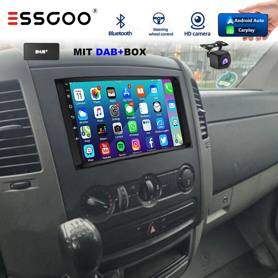 ESSGOO Radio de coche Android 15 DAB+ Carplay GPS para Mercedes Sprinter W906 907 VW Crafter