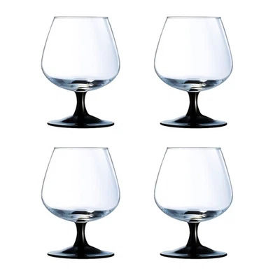 Luminarc Cognac Brandy Glasses Set of 4 Domino Clear Black Stem Stemware 370ml - Image 1 of 2