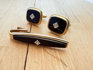 Vintage Speidel Tie Bar Clip With Cufflinks Black Diamond Shape Gold Tone - Picture 1 of 2