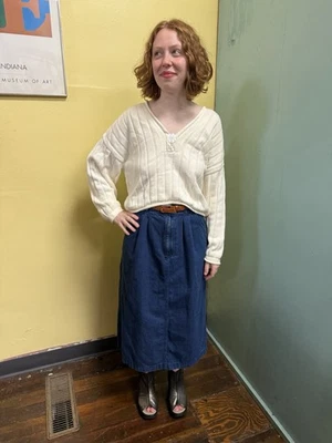 Vintage 80s Eddie Bauer Denim Midi Skirt Medium Indigo - Image 1 of 4