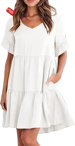 Womens Sexy V Neck Casual Dress Loose Fit Solid Color Short Sleeved Layed Design - Picture 1 of 18