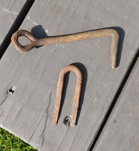 Antique Hand Forged Iron Gate Hook with Staple Primitive Original Patina - Picture 1 of 4