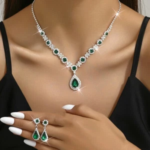Rhinestone Crystal Wedding Necklace Earrings Bridal Party Women Jewelry Set - Picture 1 of 37